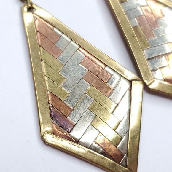 Boho Earrings Copper Brass Silver Geometric Herringbone Dangle Drop Diamond - Picture 3 of 4
